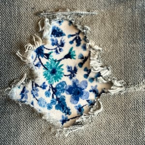 Spring Floral STRETCH in bright blues Peek-a-Boo Denim Patches Super Strong Iron On- by Holey Patches (Assorted Sizes)