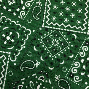May include: Green fabric with a paisley pattern. The fabric has white and black accents.