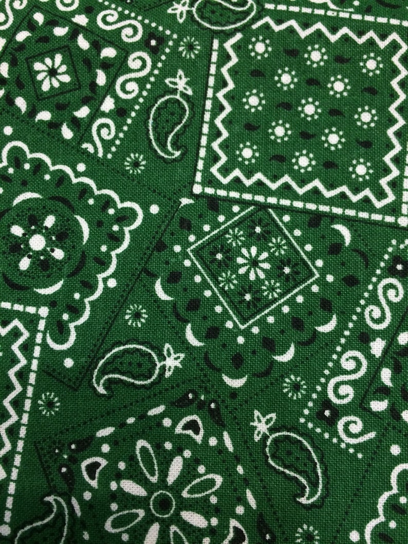 May include: Green fabric with a paisley pattern. The fabric has white and black accents.