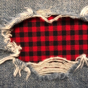 Navy Blue or Red Checkered &quot;Peek a Boo&quot;  Jean Patches Super Strong Iron On- Denim by Holey Patches