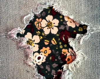 Dark Ditsy Floral STRETCH Peek-a-Boo Denim Patches Super Strong Iron On- by Holey Patches (Assorted Sizes)