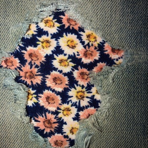 Navy with pink and white Floral STRETCH Fabric Peek-a-Boo Denim Patches Super Strong Iron On Patches, knee patches, decorative patches