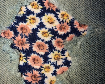 Navy with pink and white Floral STRETCH Fabric Peek-a-Boo Denim Patches Super Strong Iron On Patches, knee patches, decorative patches