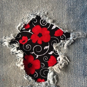 Red Poppy on Black &quot;Peek a Boo&quot;  Denim Patches Super Strong IRON ON- by Holey Patches (Assorted Sizes)
