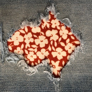 Ivory Floral on Rust STRETCH Peek-a-Boo Denim Patches Super Strong Iron On- by Holey Patches (Assorted Sizes)