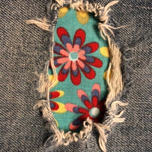 Turquoise Blue Flower Power Fabric &quot;Peek a Boo&quot;  Jean Patches Super Strong Iron On- Denim by Hol(e)y Patches