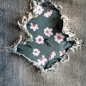 Light Teal w/ Daisies STRETCH Fabric Peek-a-Boo Denim Patches Super Strong Iron On Patches, knee patches, decorative patches