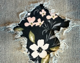 Spring Floral STRETCH in dark green w/white Peek-a-Boo Denim Patches Super Strong Iron On- by Holey Patches (Assorted Sizes)