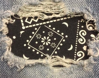 Bandana fabric "Peek a Boo"  Jean Patches Super Strong Iron On- by Holey Patches (Assorted Sizes and Colors)