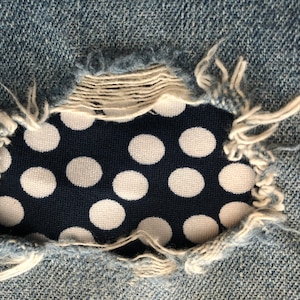 Navy and White Dot STRETCH Peek-a-Boo Denim Patches Super Strong Iron On- by Holey Patches (Assorted Sizes)