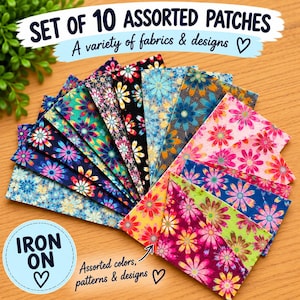 May include: A set of 10 assorted iron-on patches featuring a variety of floral patterns in vibrant colors including blue, pink, yellow, and black. The patches are arranged in a fan shape, displaying diverse designs and textures on each piece.