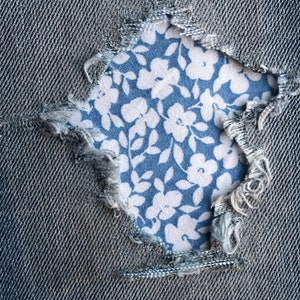 Ditsy Floral in Light Blue and White STRETCH &quot;Peek a Boo&quot;  IRON ON Denim Patches Super Strong - by Holey Patches (Assorted Sizes)