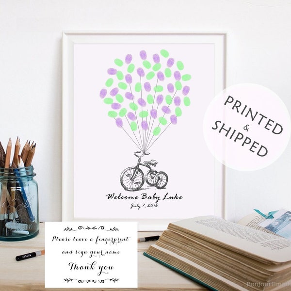 Tricycle Fingerprint Guest Book Baby Shower 1st Birthday thumbprint guestbook Finger Print Balloons - Personalize order PRINTED & SHIPPED