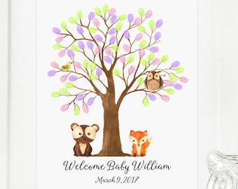 Árbol de huellas dactilares de animales del bosque, libro de firmas alternativo para baby shower (descarga digital)