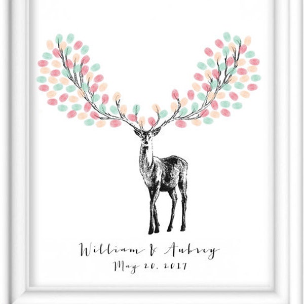 Deer Antlers Fingerprint, unique wedding guestbooks, Birthday Baby Shower Christmas Guest Book - Digital Printable Personalized Print