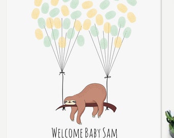 Sloth Baby Shower Guest Book, Fingerprint Balloons, Personalized Printable (Digital Download)
