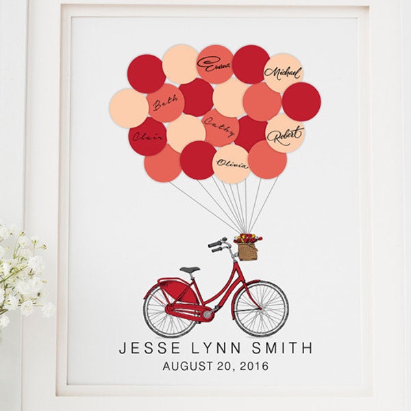 Birthday Guest Book Idea School Bike baby shower Guestbook alternative Red Bicycle Balloons Signature - Printable 10th birthday gift