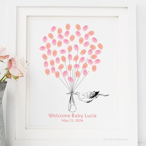 Bocian przyniósł dziecko, balony z odciskiem palca, księga gości na baby boy girl shower - cyfrowy druk spersonalizowany - sztuka księgi gości z odciskiem kciuka