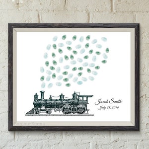 Op de afbeelding: Een zwart-witte illustratie van een vintage stoomtrein met een pluim van groene en blauwe vingerafdrukken in aquarel erachter. De tekst "Jacob Smith July 28, 2016" staat onder de trein.