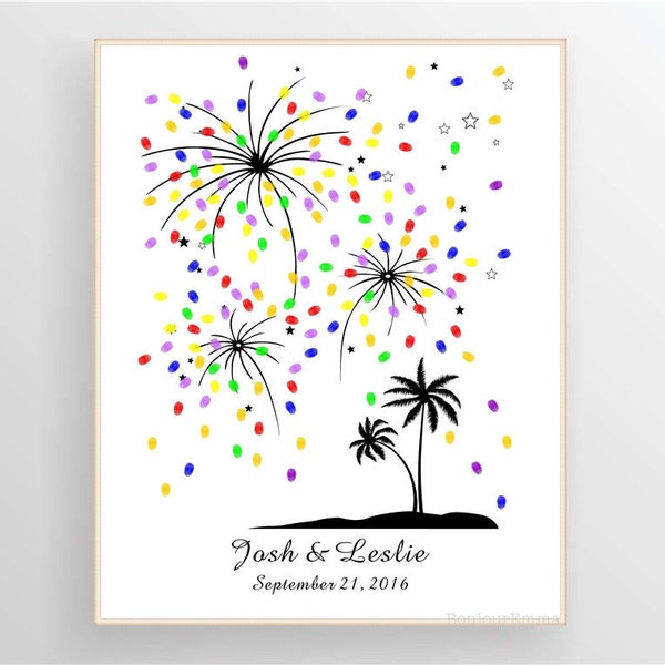 Beach Wedding Guest Book Alternative, Palm Tree Hawaii Wedding Guestbook, Fingerprint Thumbprint Fireworks - Digital Printable File