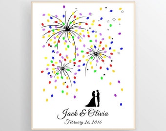 Libro de firmas con huellas dactilares y diseño de fuegos artificiales – Impresión personalizada para aniversario de bodas (archivo digital imprimible)