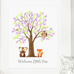 Baby Shower Guestbook Alternative Boy Baby Shower Thumbprint Tree Woodland Guest Book, Bear Fox Owl Bird, Printable INSTANT DOWNLOAD