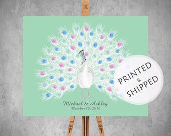 Personalized Feather Fingerprint Guest Book – White Peacock Thumbprint Keepsake for Wedding Anniversary – PRINTED & SHIPPED