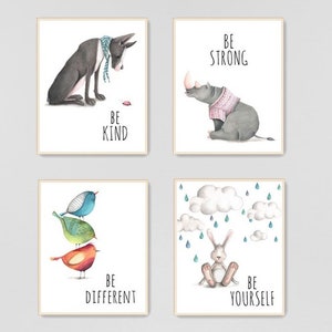 Woodland Creatures Nursery Wall Art Forest Animals Kids Room Decor Printable Set of 4 Rhino Dog Birds Rabbit Prints INSTANT DOWNLOAD