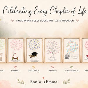 May include: Six framed fingerprint guest books with light wood frames, featuring illustrations of a giraffe, scooter, graduation cap, tree, house, and bicycle, with text including "Celebrating Every Chapter of Life" and "BonjourEmma".