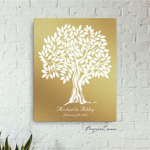 Gold Wedding Guest Book Alternative, Unique Wedding Guestbooks, Signature Olive Tree, Family Reunion Anniversary Sign In - Custom Printable