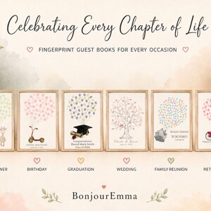 May include: Six framed fingerprint guest books with light wood frames, featuring illustrations of a giraffe, scooter, graduation cap, tree, house, and bicycle, with text including "Celebrating Every Chapter of Life" and "BonjourEmma".