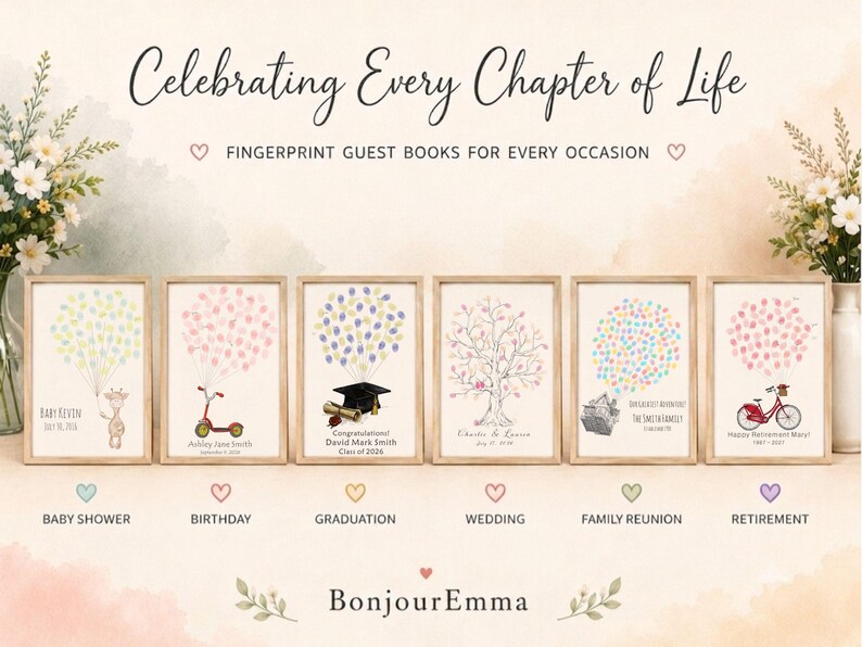 May include: Six framed fingerprint guest books with light wood frames, featuring illustrations of a giraffe, scooter, graduation cap, tree, house, and bicycle, with text including "Celebrating Every Chapter of Life" and "BonjourEmma".