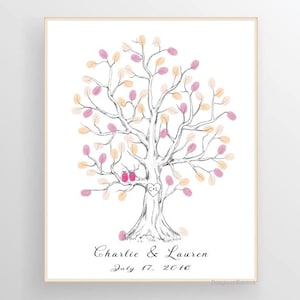 Wedding Fingerprint Tree Guest Book with Love Birds, hand drawn anniversary thumbprint guestbook - Digital Printable File Personalized Print