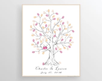 Libro de firmas con forma de árbol para bodas con huellas dactilares, huellas dactilares de aniversario con pájaros enamorados (archivo digital imprimible)
