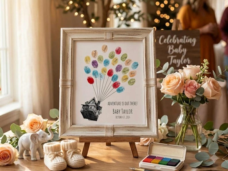 May include: A framed print in a distressed white frame featuring a black and white illustration of a house lifted by colorful fingerprint balloons. The text reads ADVENTURE IS OUT THERE! BABY TAYLOR OCTOBER 17, 2026 in a clean black sans-serif font.
