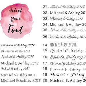 Puede incluir: Una plantilla de dise&ntilde;o con una salpicadura de acuarela y el texto "Select Your Font". Debajo, 20 ejemplos de texto "Michael & Ashley 2017" en varias fuentes, ideal para invitaciones de boda.