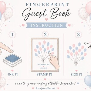 May include: A Fingerprint Guest Book instruction graphic featuring pink and blue balloons. The text reads FINGERPRINT Guest Book INSTRUCTION, 1 INK IT, 2 STAMP IT, 3 SIGN IT, OUR SPECIAL DAY, 05.25.2025, create your unforgettable keepsake, and BonjourEmma.