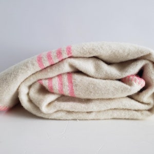 Gorgeous off-white/beige wool blanket with pink stripes