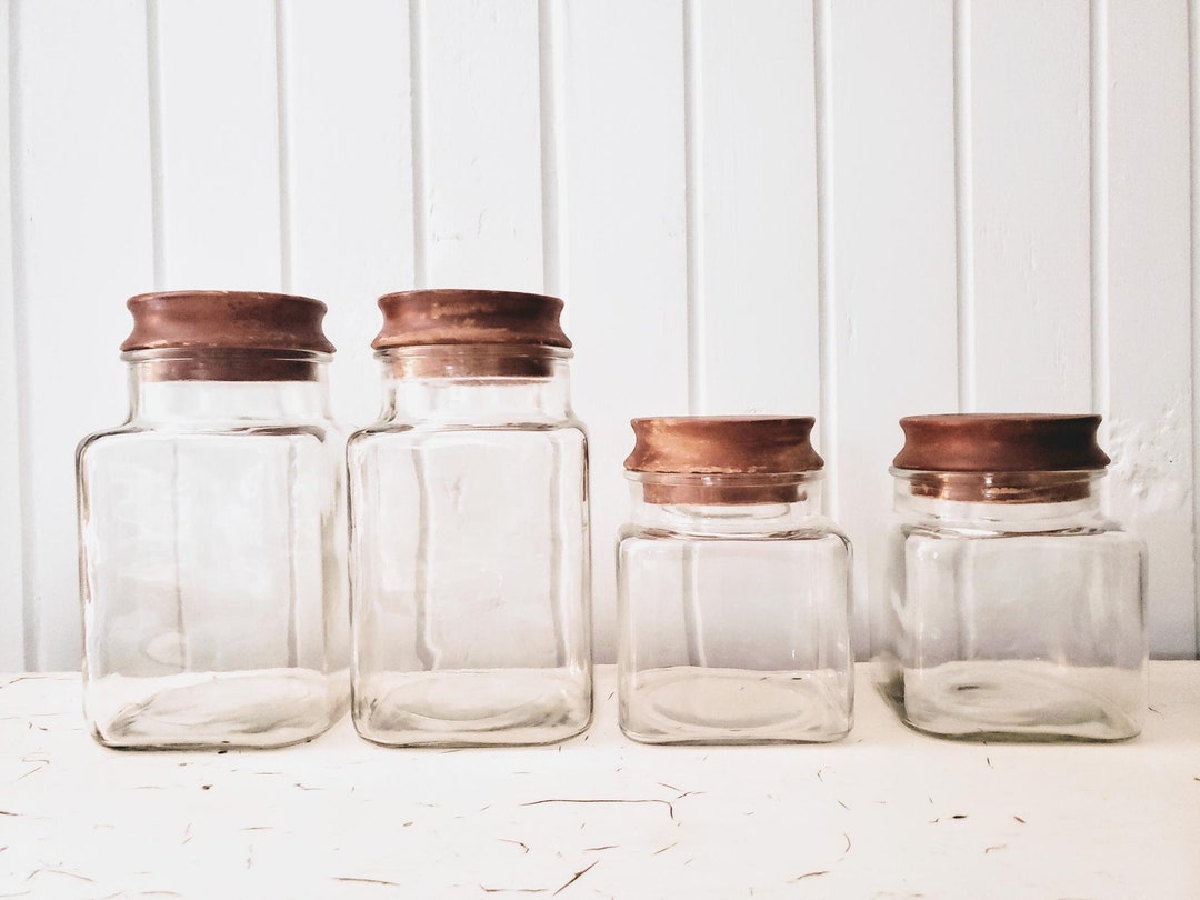 Set of 4 Glass Jars With Wooden Cover Vintages Etsy
