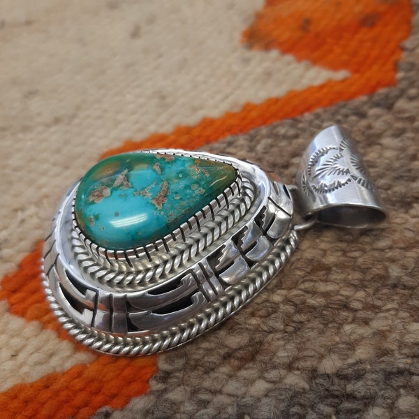 Vintage 2 1/2" Sterling silver Royston Turquoise pendant by Freddy Charley 3/8" bezel