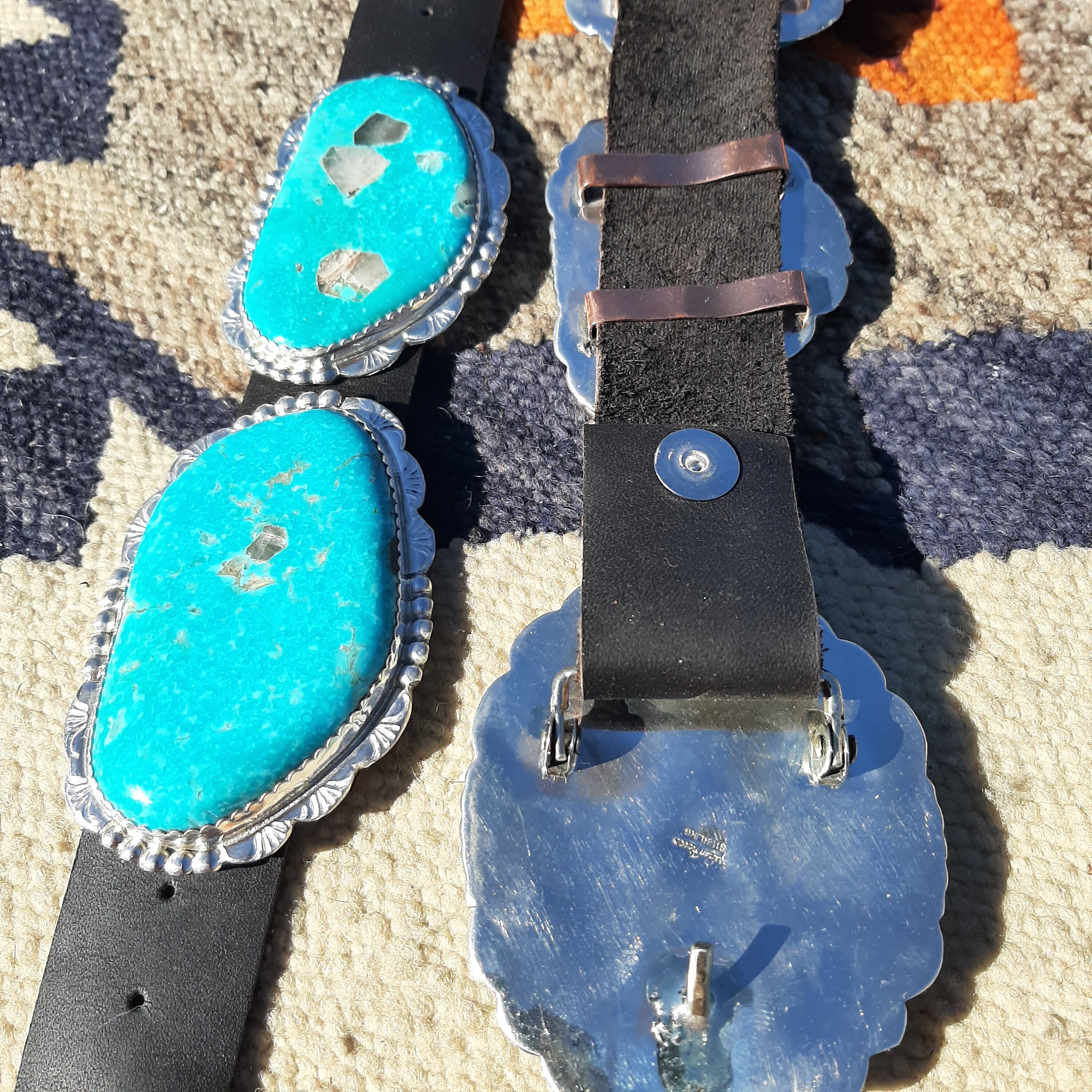Sterling Silver Blue Kingman Turquoise Slab Concho Belt by  display picture 3