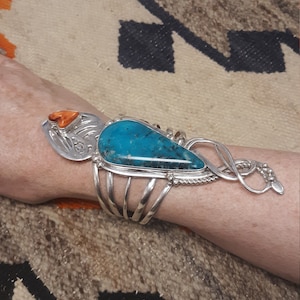 Huge !! 5 7/8&quot; long Sterling silver Natural Blue Kingman Slab Turquoise bracelet cuff by Adam Fierro size 7&quot; 101 grams