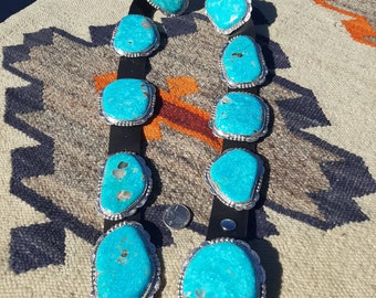 Sterling silver Blue Kingman Turquoise slab concho belt by Adam Fierro