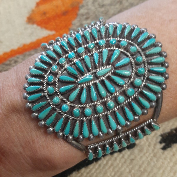 1980s Vintage Dead Pawn Zuni Pettipoint Sterling silver Turquoise bracelet cuff.  Signed J. Wallace  Size 6 1/4"  41 grams.