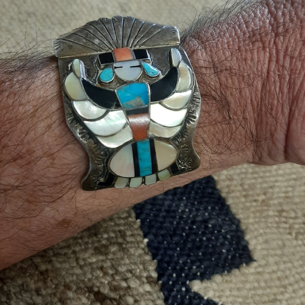 1970s Dead Pawn Vintage Sterling silver Zuni inlay knifewing mens bracelet watch cuff by Gilbert Ortega Ent. Hall marked size 7 1/4"