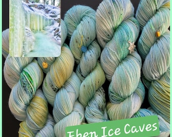 Hand Dyed Yarn Fingering - Eben Ice Caves - Superwash Sock, MCN, Sparkle, DK, Silk/Mohair 100 g - Blues Greens Gold Brown