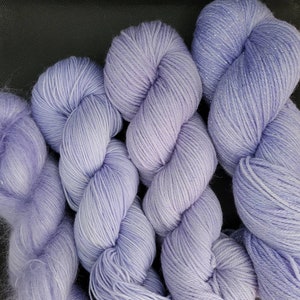 Hand Dyed Yarn Fingering Sock - Thistle - 100 g Merino/nylon, DK, or Sparkle or 50g Lace SuperKid Mohair/Silk - Lightest Purple