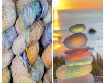 Hand Dyed Yarn Fingering Sock - Sea Glass Cairn - Superwash 75/25 Merino/Nylon, merino/silk or Sparkle - Peach, Gold, Blue, Mint, Lavender