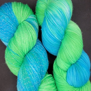 Hand Dyed Yarn: Parakeets, Bright Green Turquoise Merino Nylon Blend