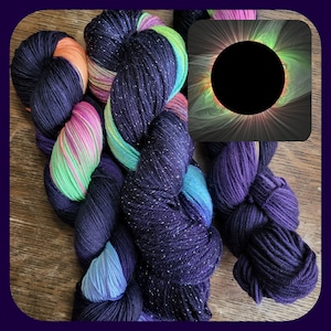 Hand Dyed Yarn Fingering Sock or Fiber - Total Eclipse of the Sun- SW Merino/Nylon - Black, Deep Purple, Aqua Lime, Lemon, Orange, Fuchsia